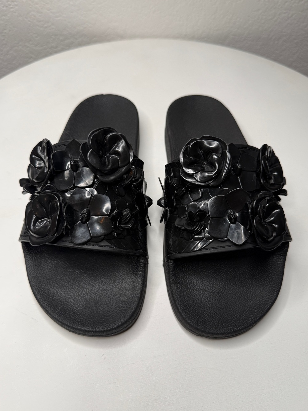 Tory Burch Blossom Floral Appliqué Slide Sandals Black Size 8